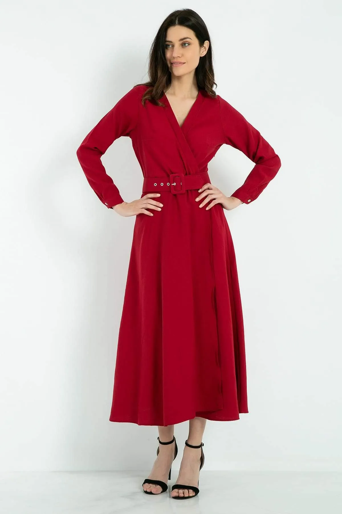 13014 Red Belt Wrap Dress