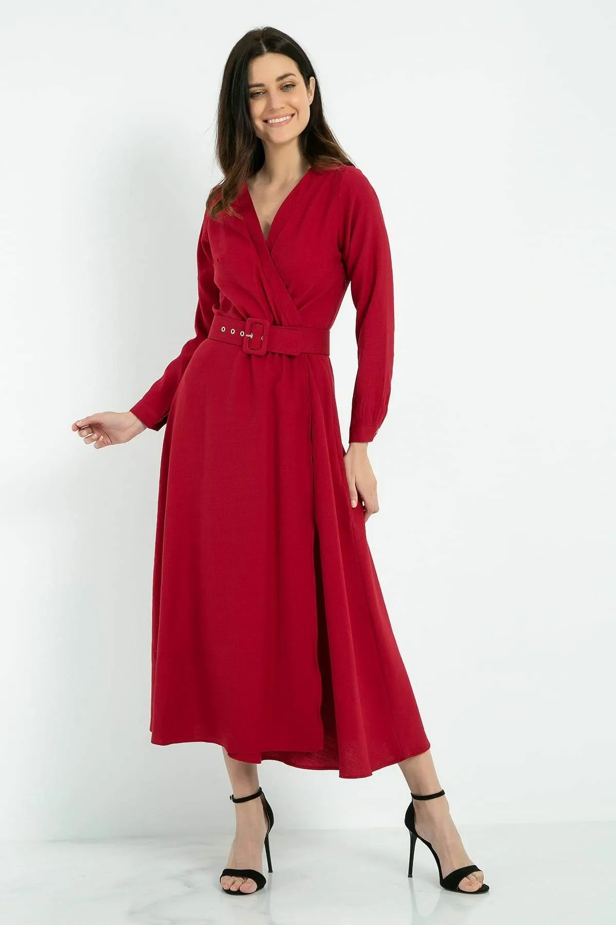 13014 Red Belt Wrap Dress