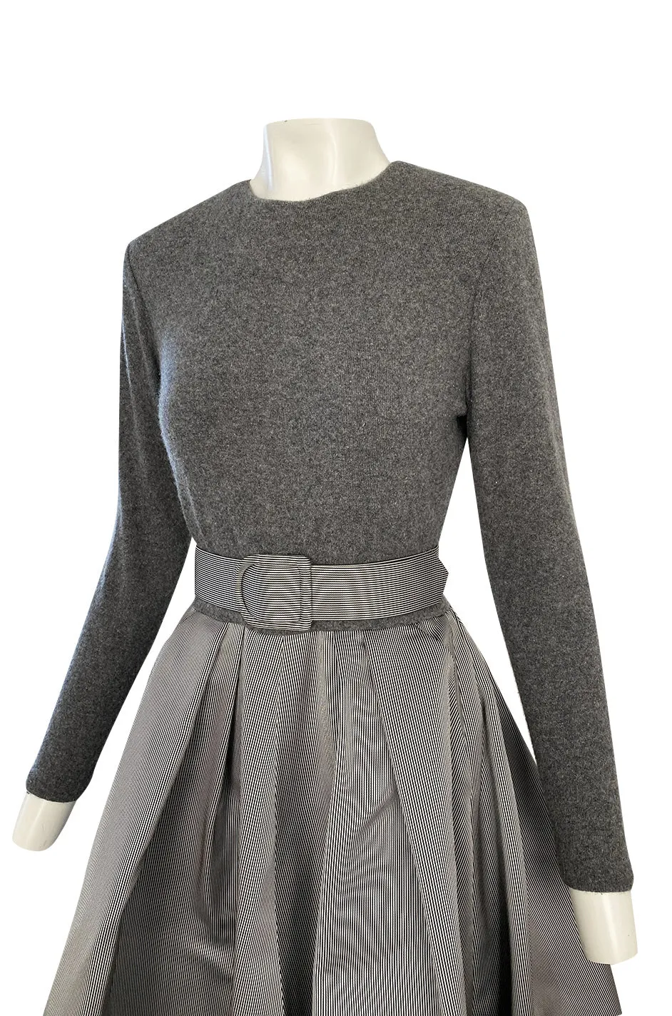 1980s Oscar de la Renta Soft Grey Cashmere & Striped Silk Skirt Dress w Matching Shawl