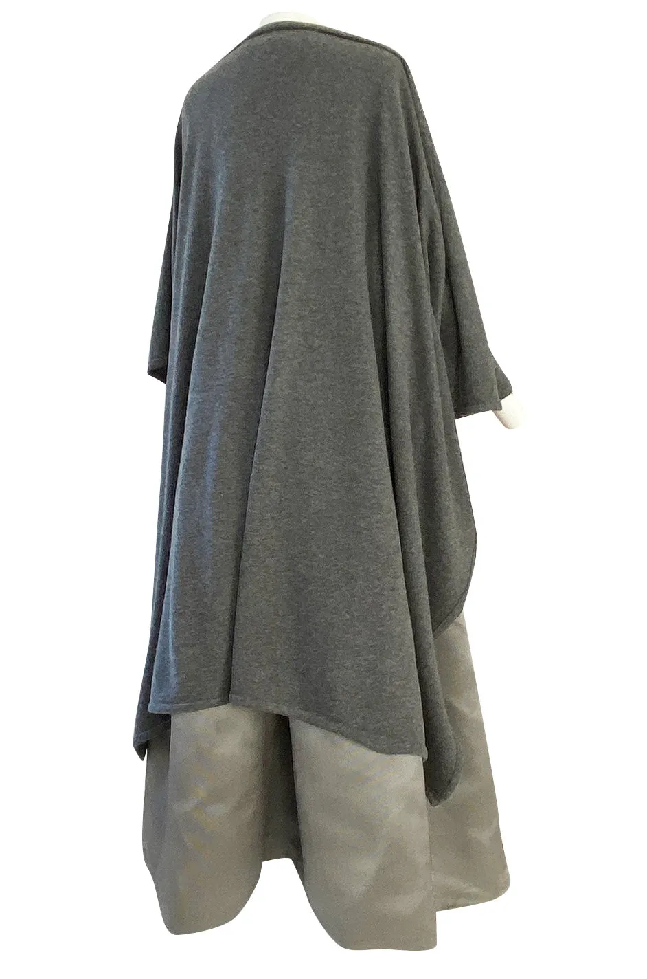 1980s Oscar de la Renta Soft Grey Cashmere & Striped Silk Skirt Dress w Matching Shawl