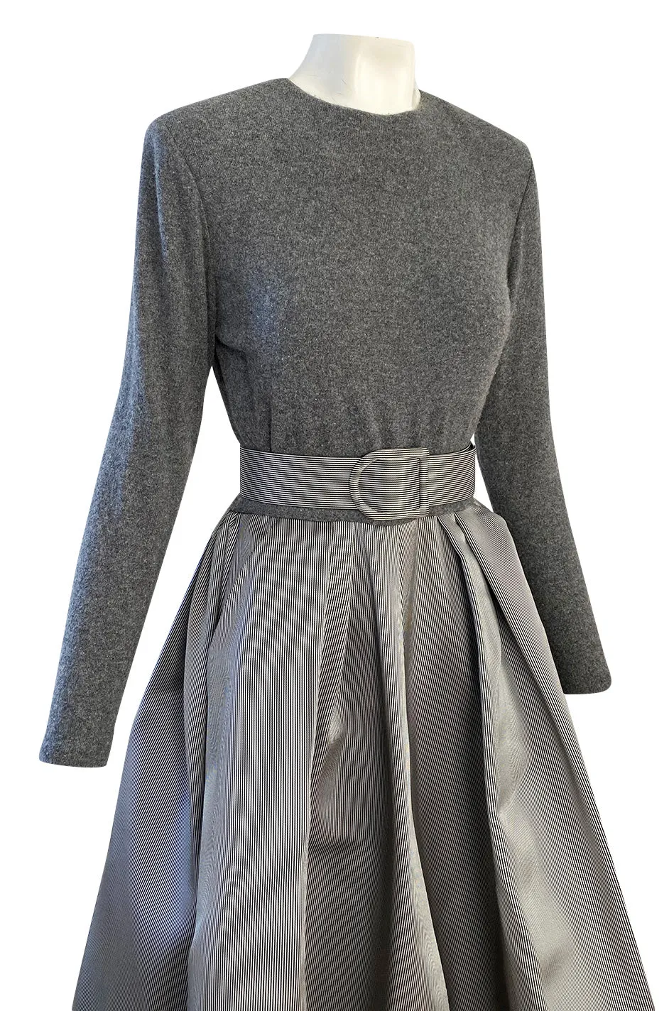 1980s Oscar de la Renta Soft Grey Cashmere & Striped Silk Skirt Dress w Matching Shawl