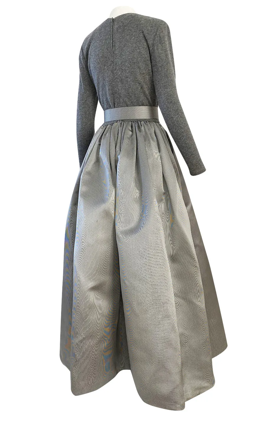 1980s Oscar de la Renta Soft Grey Cashmere & Striped Silk Skirt Dress w Matching Shawl