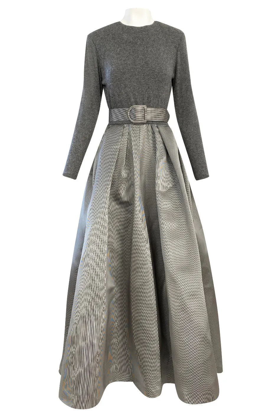 1980s Oscar de la Renta Soft Grey Cashmere & Striped Silk Skirt Dress w Matching Shawl