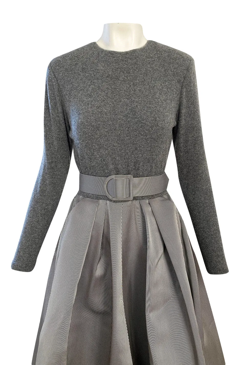 1980s Oscar de la Renta Soft Grey Cashmere & Striped Silk Skirt Dress w Matching Shawl