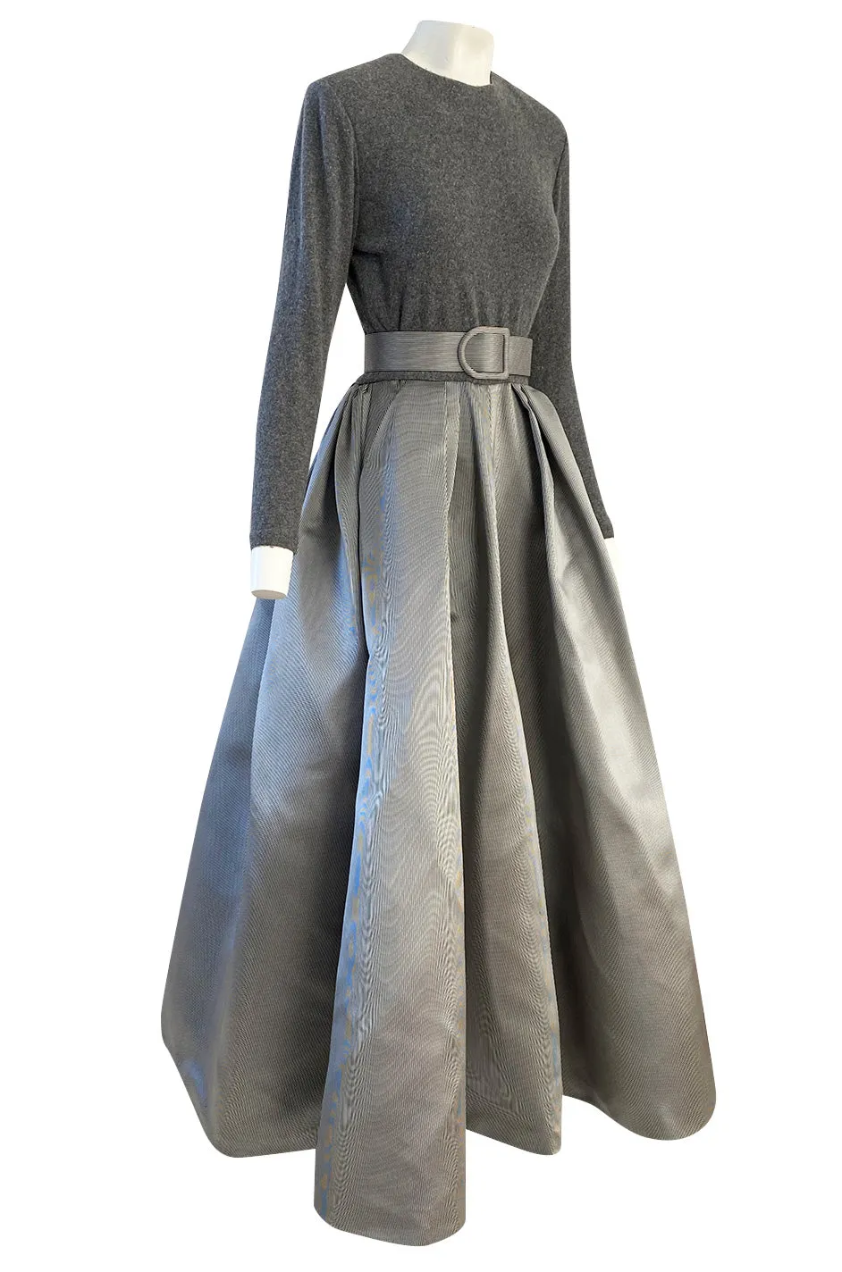 1980s Oscar de la Renta Soft Grey Cashmere & Striped Silk Skirt Dress w Matching Shawl