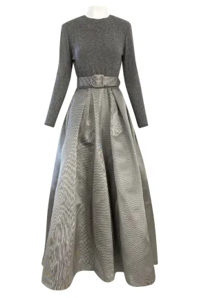 1980s Oscar de la Renta Soft Grey Cashmere & Striped Silk Skirt Dress w Matching Shawl