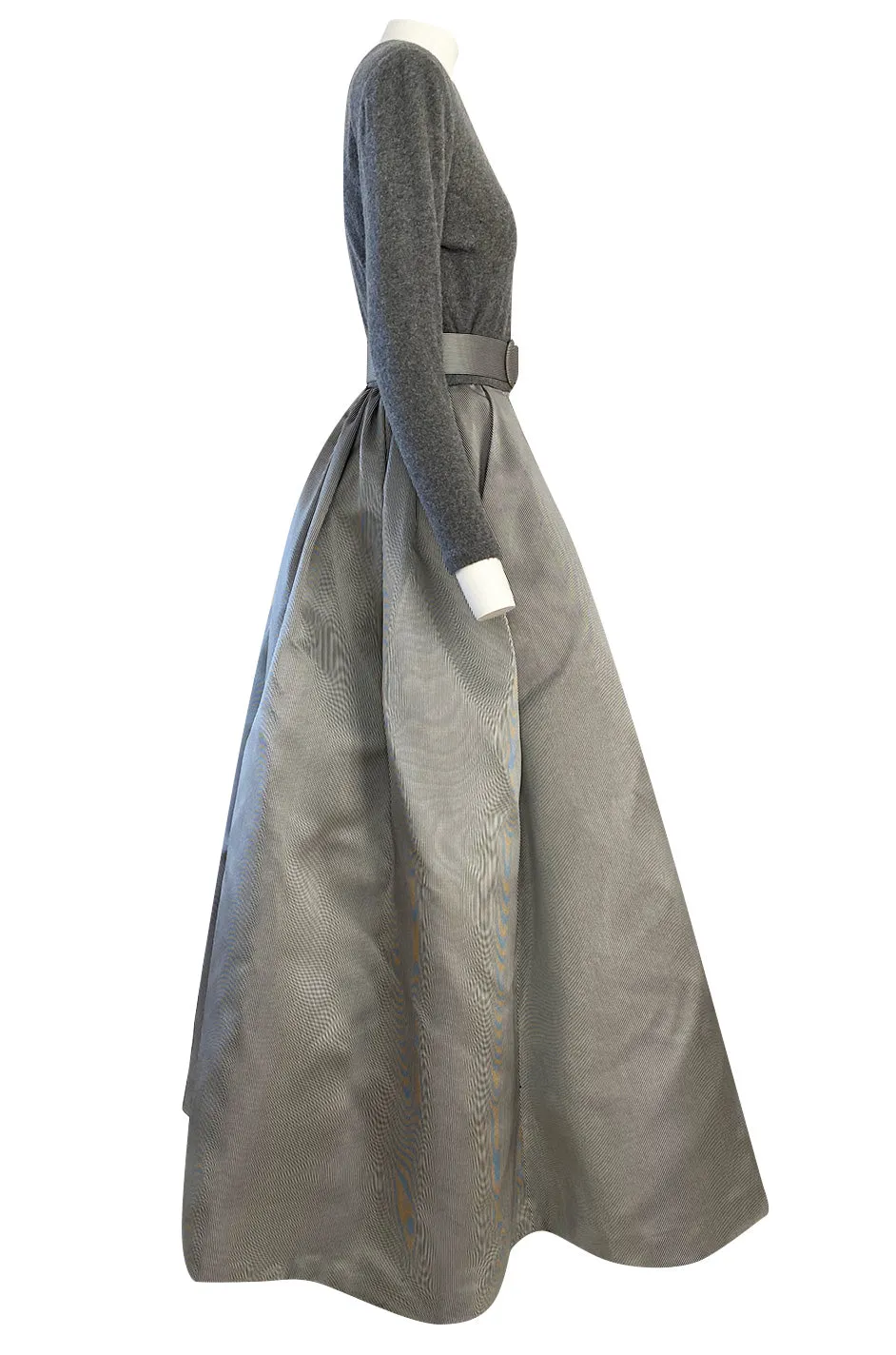 1980s Oscar de la Renta Soft Grey Cashmere & Striped Silk Skirt Dress w Matching Shawl