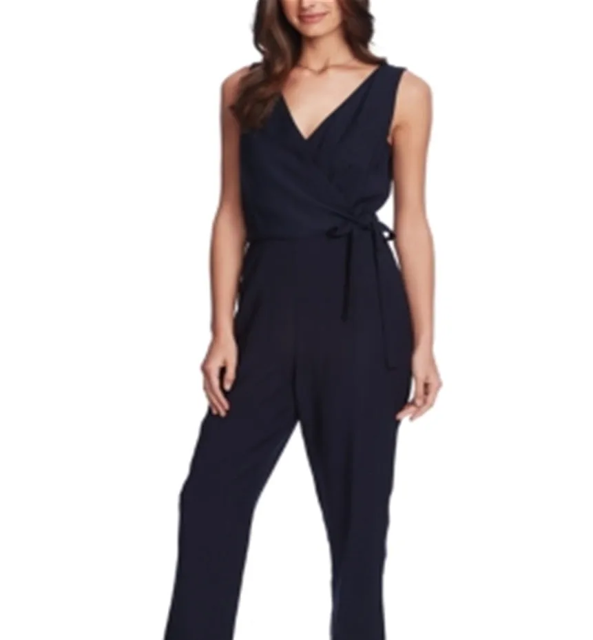 1.STATE Women's Pocketed Sleeveless V Neck Evening Faux Wrap Wide Leg Jumpsuit Black