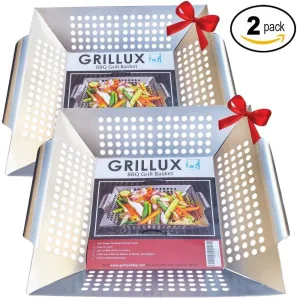 2 x Vegetable Grill Basket by GRILLUX - BBQ Gift Accessories for Grilling Veggies - Use as Wok, Pan, or Smoker - Quality Stainless Steel - Camping Cookware - Charcoal or Gas Grills OK