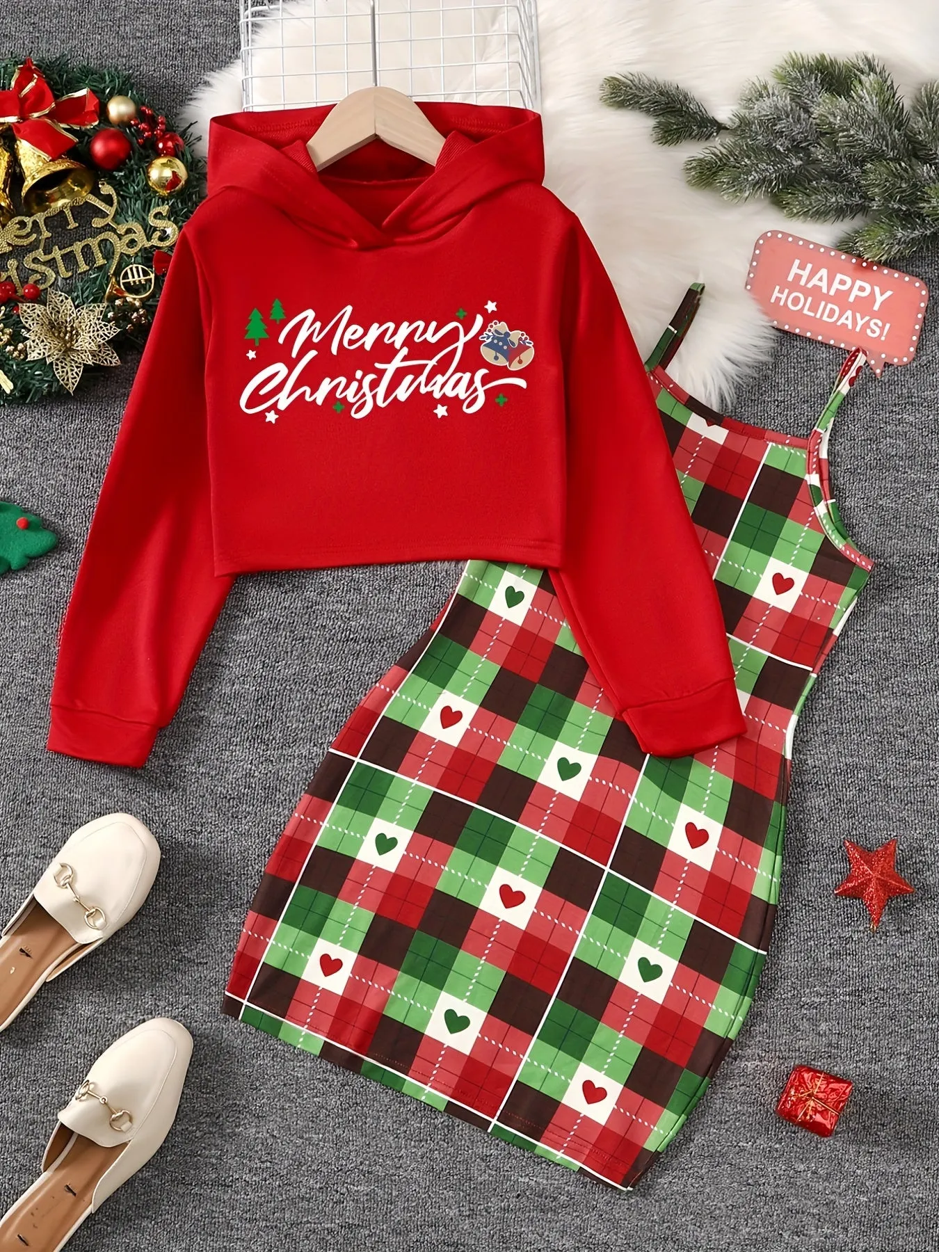 2pcs MERRY CHRISTMAS Print Girl's Hoodie & Plaid Pattern Trendy Christmas Outfit Sundress Set for Spring Autumn