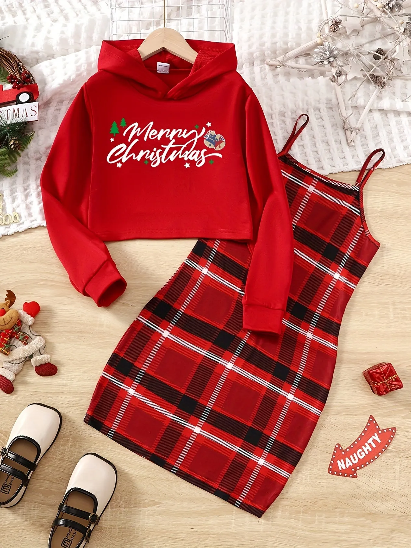 2pcs MERRY CHRISTMAS Print Girl's Hoodie & Plaid Pattern Trendy Christmas Outfit Sundress Set for Spring Autumn