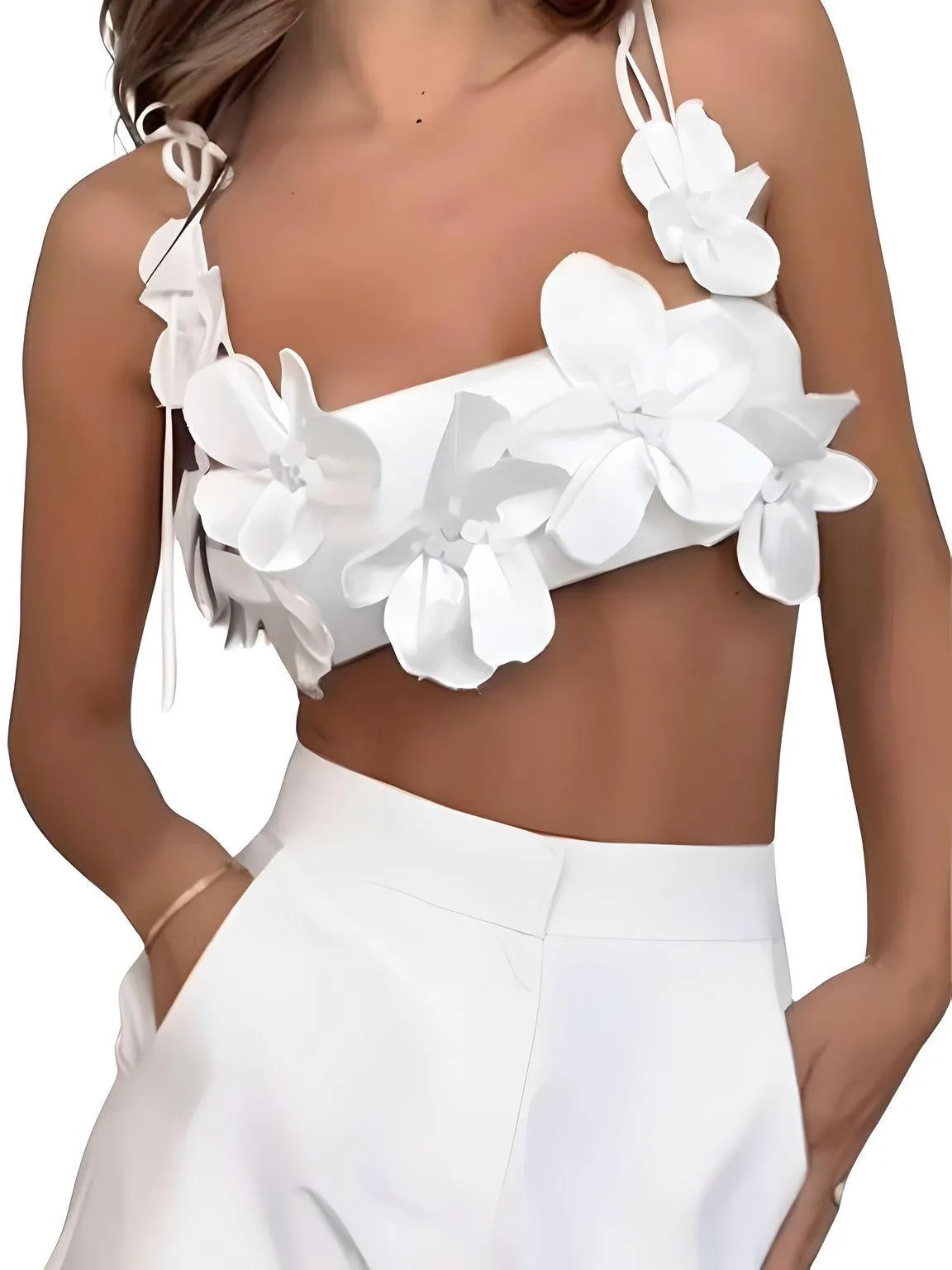 3D Flower Chest Wrap White Sexy Cropped Top Women Fashion Backless Sleeveless