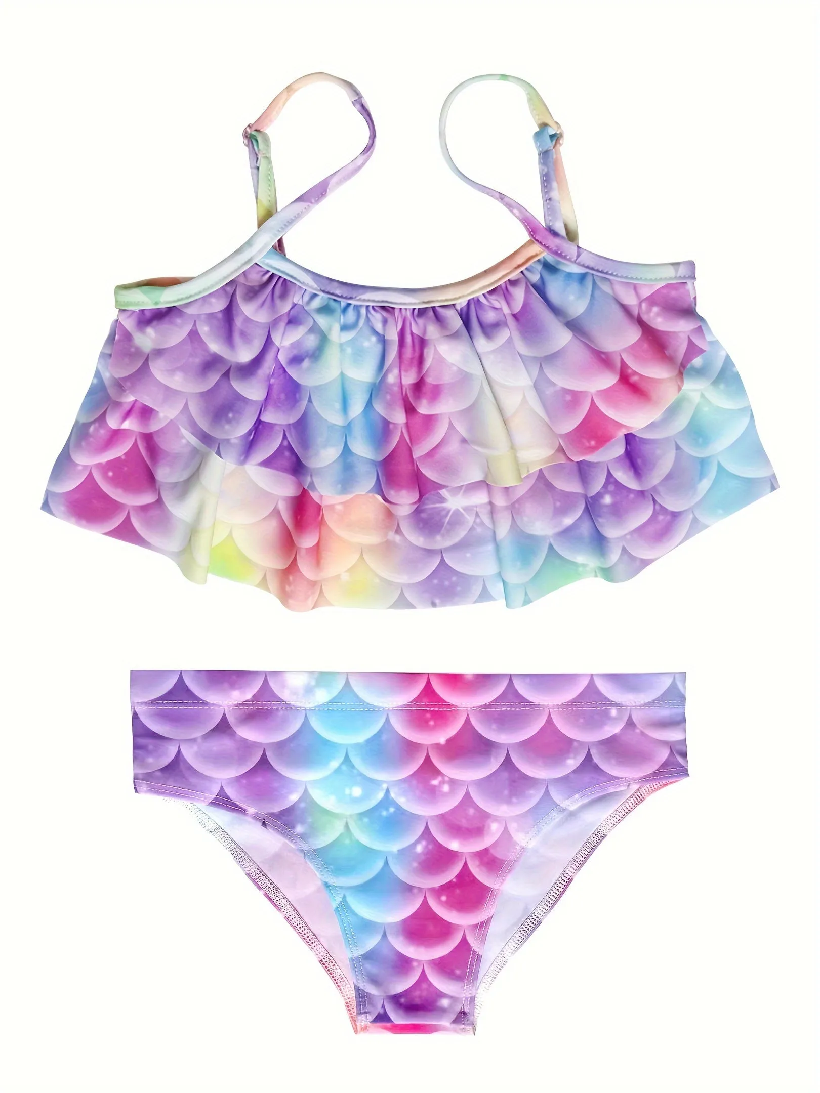 3PCS/Set Mermaid Outfit - Vibrant Allover Mermaid Scales Pattern Print, Fashionable and Trendy Ruffle Trim Tankini, Magical Mermaid Tail Clothing - Designed for Girls, Perfect for Summer Beach Trips and Pool Parties