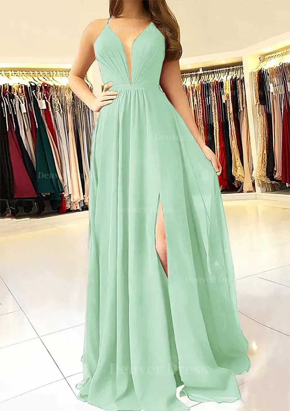 A-line/Princess Scalloped Neck Sleeveless Long/Floor-Length Chiffon Prom Dress With Split