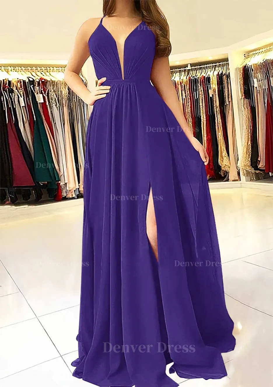 A-line/Princess Scalloped Neck Sleeveless Long/Floor-Length Chiffon Prom Dress With Split