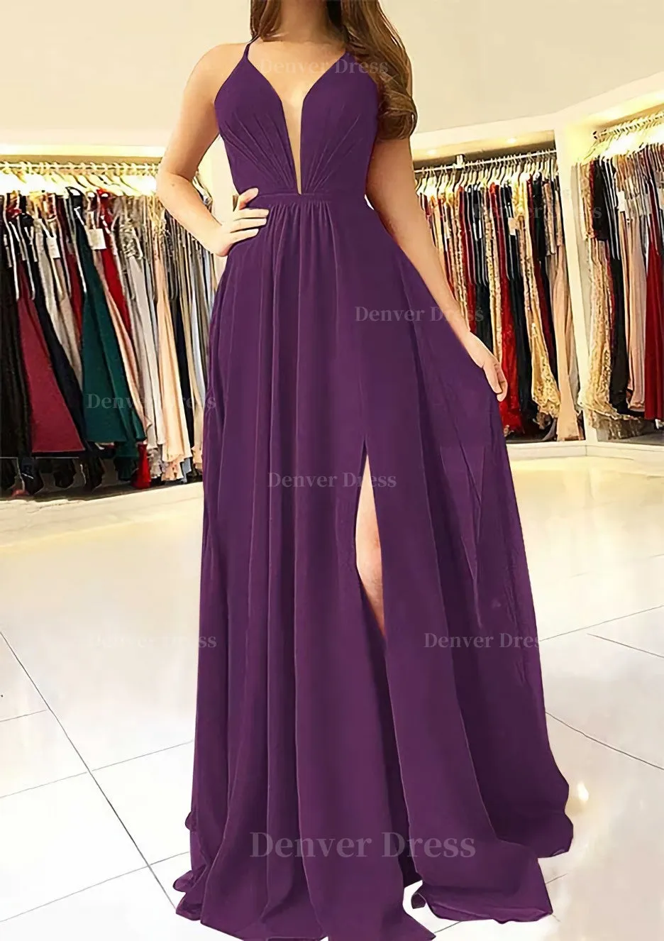 A-line/Princess Scalloped Neck Sleeveless Long/Floor-Length Chiffon Prom Dress With Split