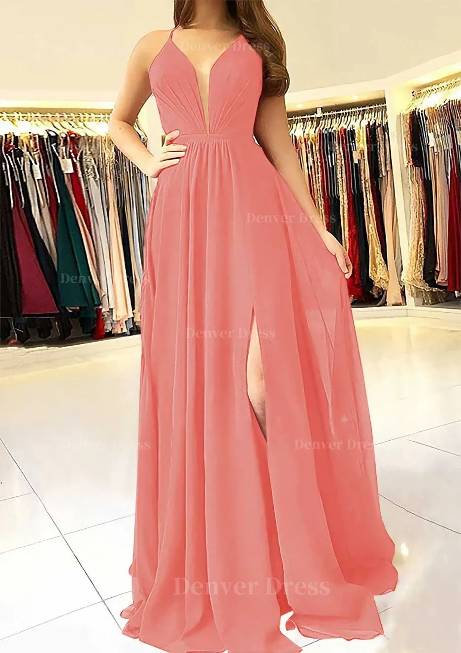 A-line/Princess Scalloped Neck Sleeveless Long/Floor-Length Chiffon Prom Dress With Split