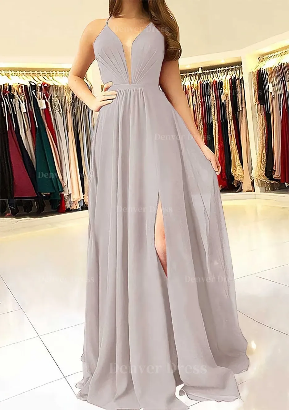 A-line/Princess Scalloped Neck Sleeveless Long/Floor-Length Chiffon Prom Dress With Split