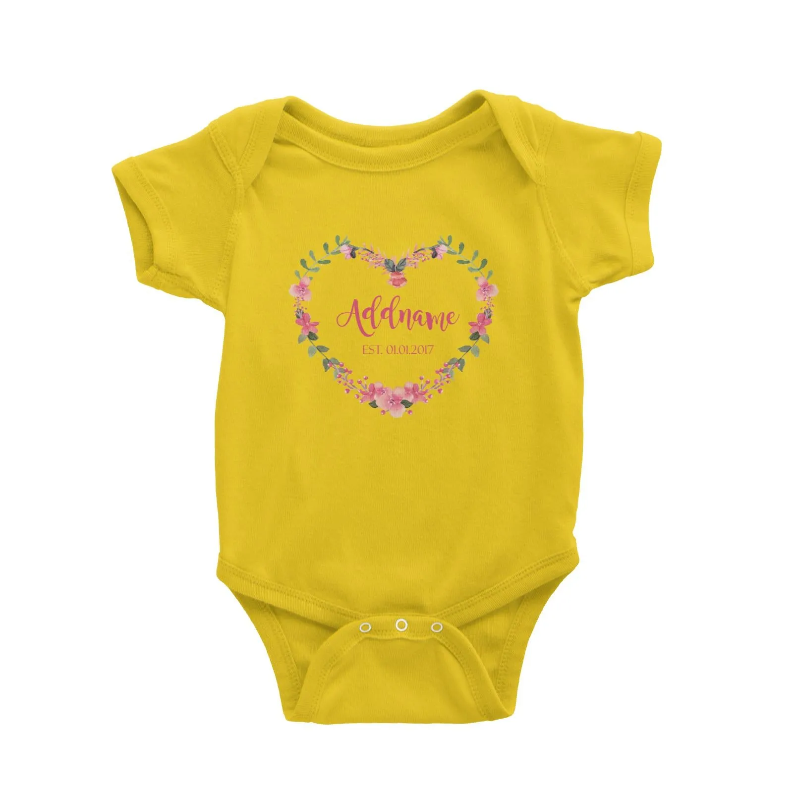 Add Name and Add Date in Pink Heart Shaped Flower Wreath Baby Romper