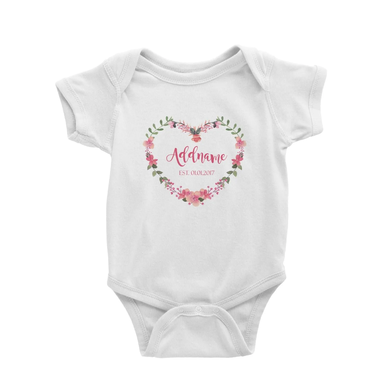 Add Name and Add Date in Pink Heart Shaped Flower Wreath Baby Romper