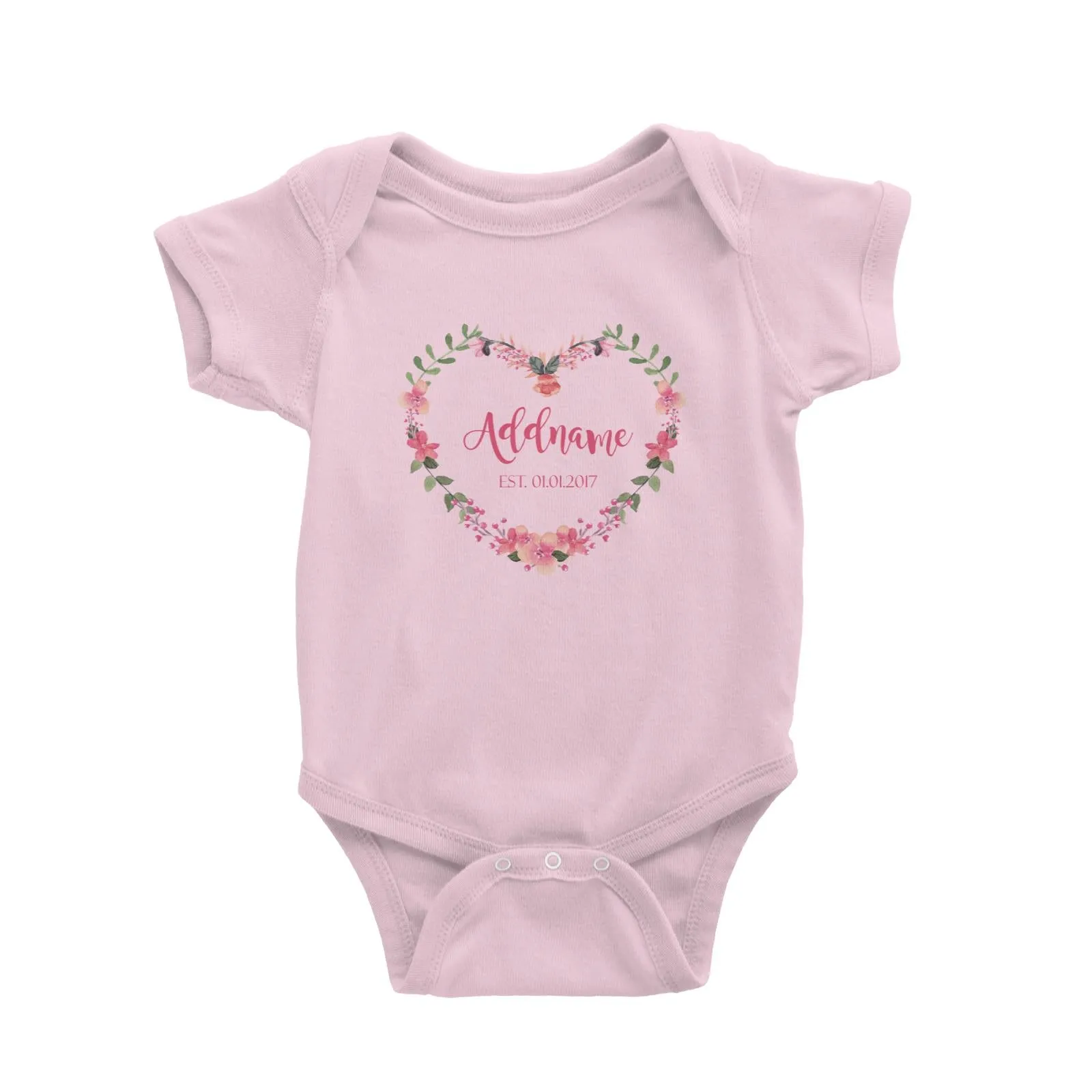 Add Name and Add Date in Pink Heart Shaped Flower Wreath Baby Romper