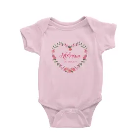 Add Name and Add Date in Pink Heart Shaped Flower Wreath Baby Romper