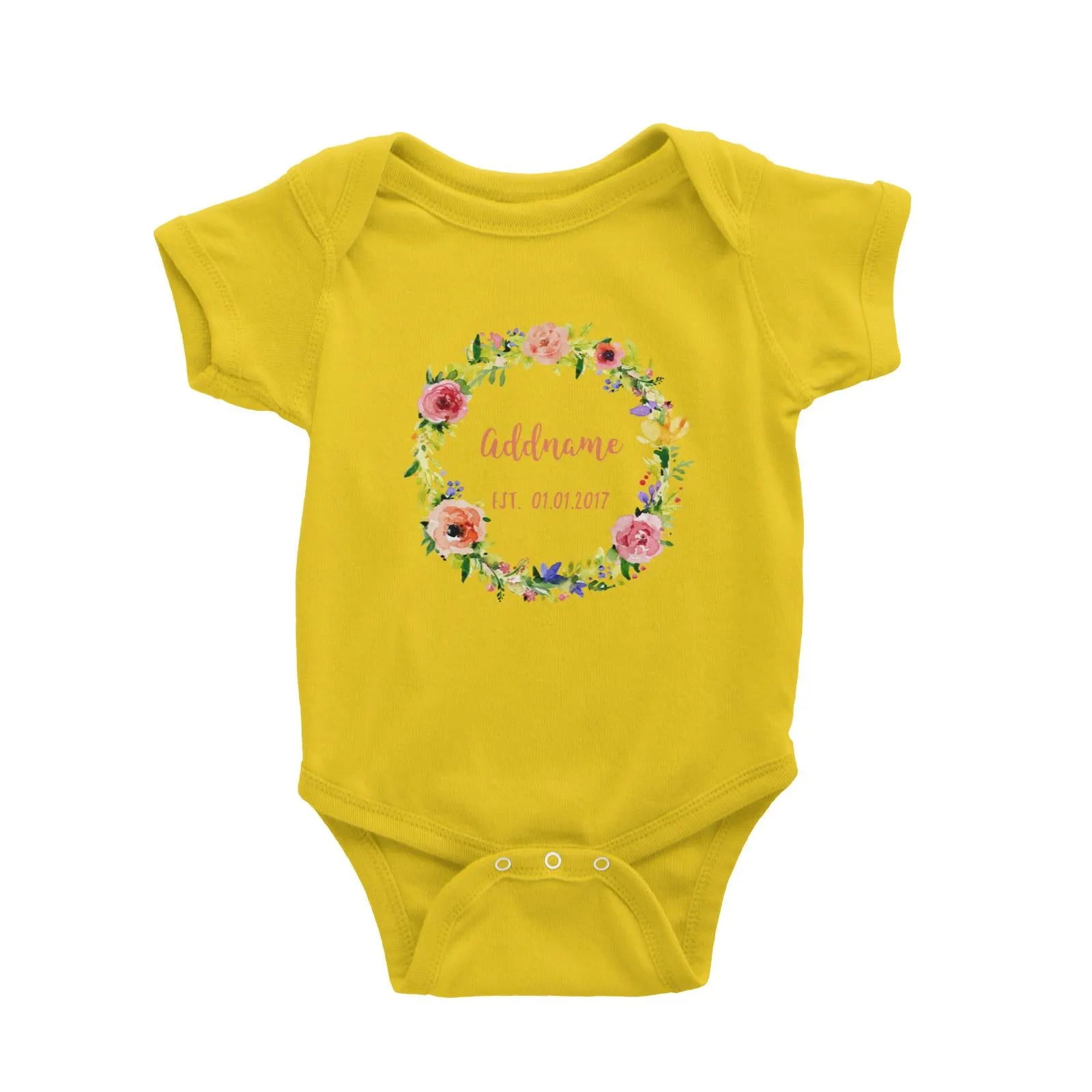 Add Name and Add Date in Spring Flower Wreath Baby Romper