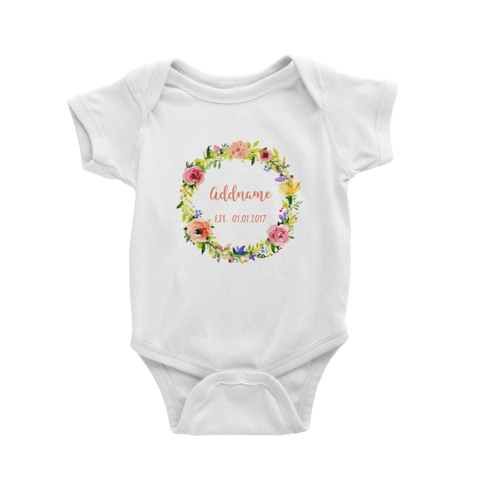 Add Name and Add Date in Spring Flower Wreath Baby Romper