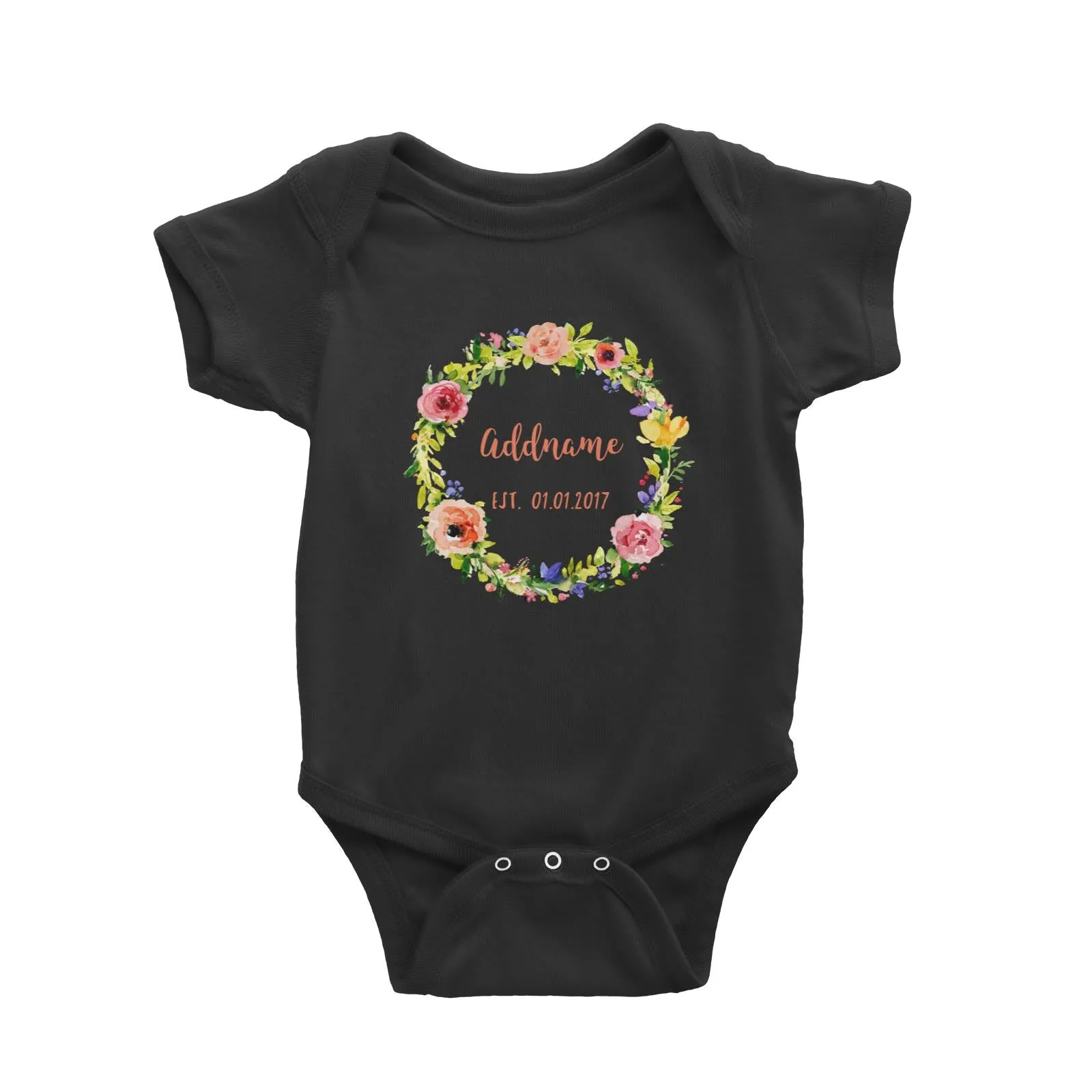 Add Name and Add Date in Spring Flower Wreath Baby Romper