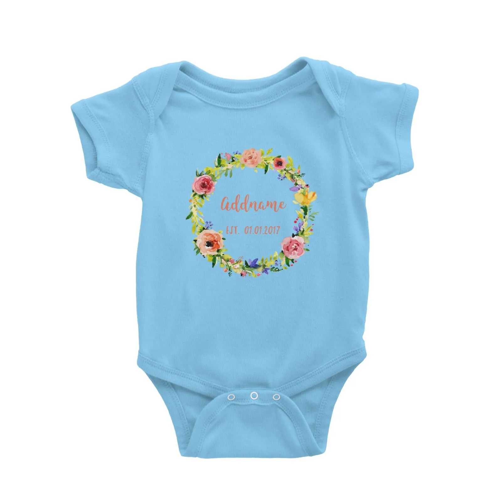 Add Name and Add Date in Spring Flower Wreath Baby Romper