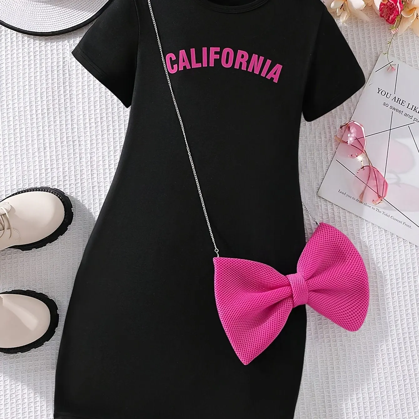 Adorable Girls Letter Embellished T-Shirt Dress with Matching Bow Bag - Trendy Short Sleeve Casual Outfit for Sweet Fashionistas