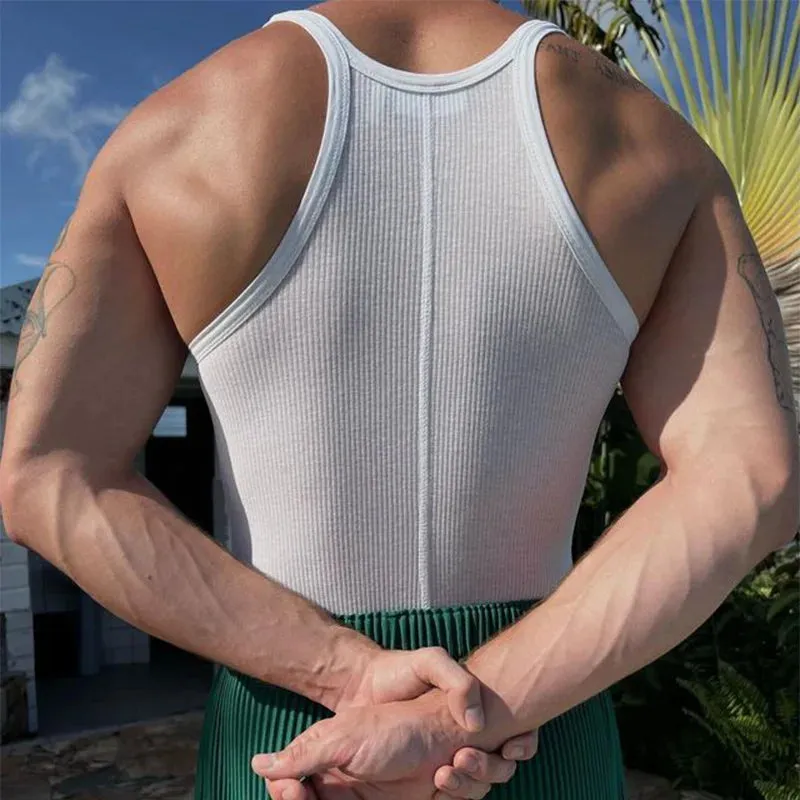 Aidase Summer New Mens Tank Tops Solid Color Elastic Knitted Close-fitting Bottoming Shirt Mens Sexy Tight Vest