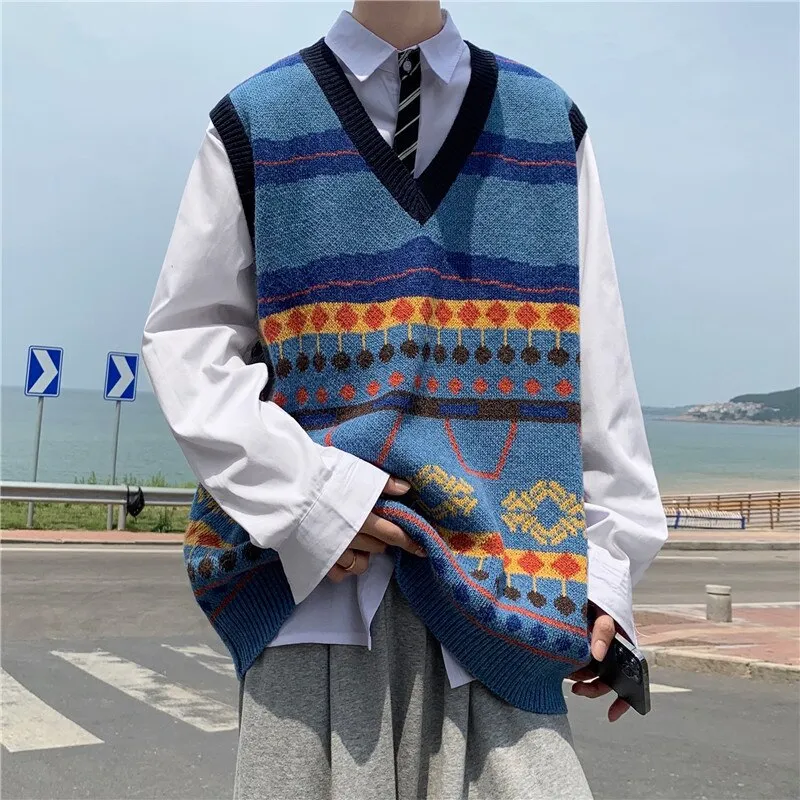 Aidase Sweater Vest Men College Retro Knitted Unisex Autumn Winter Korean Style Trendy Loose All-match V-neck Harajuku Ins Sleeveless