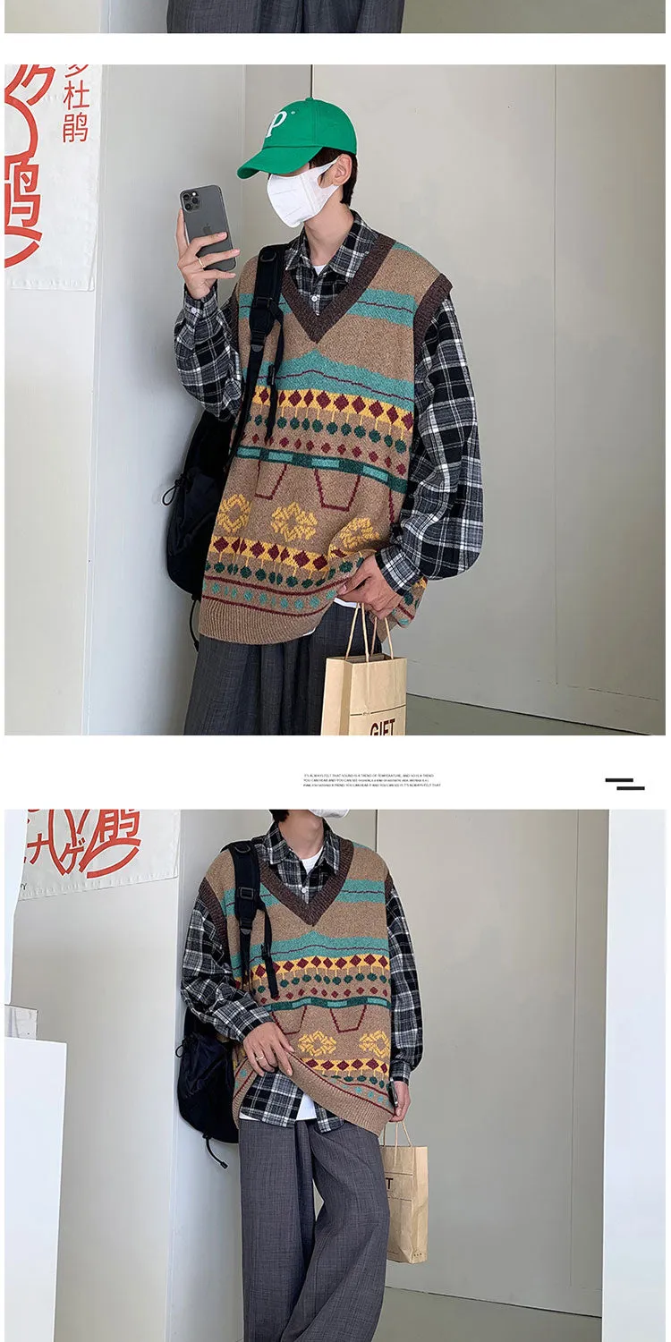 Aidase Sweater Vest Men College Retro Knitted Unisex Autumn Winter Korean Style Trendy Loose All-match V-neck Harajuku Ins Sleeveless