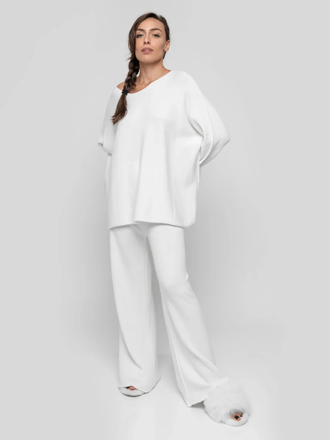 AMALFI - Viscose jumpsuit with white fox fur cuffs