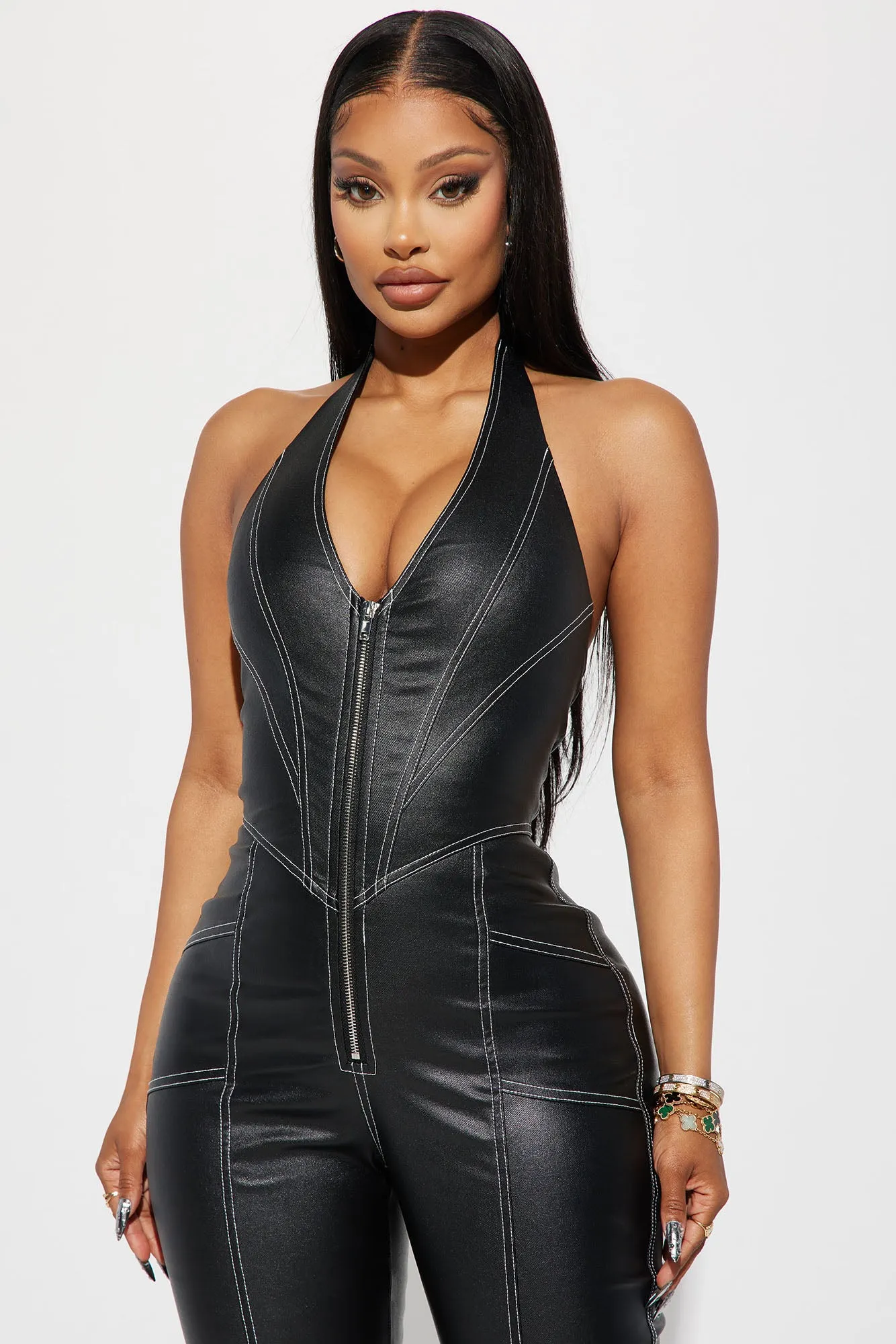 Another Guestlist Faux Leather Jumpsuit - Black