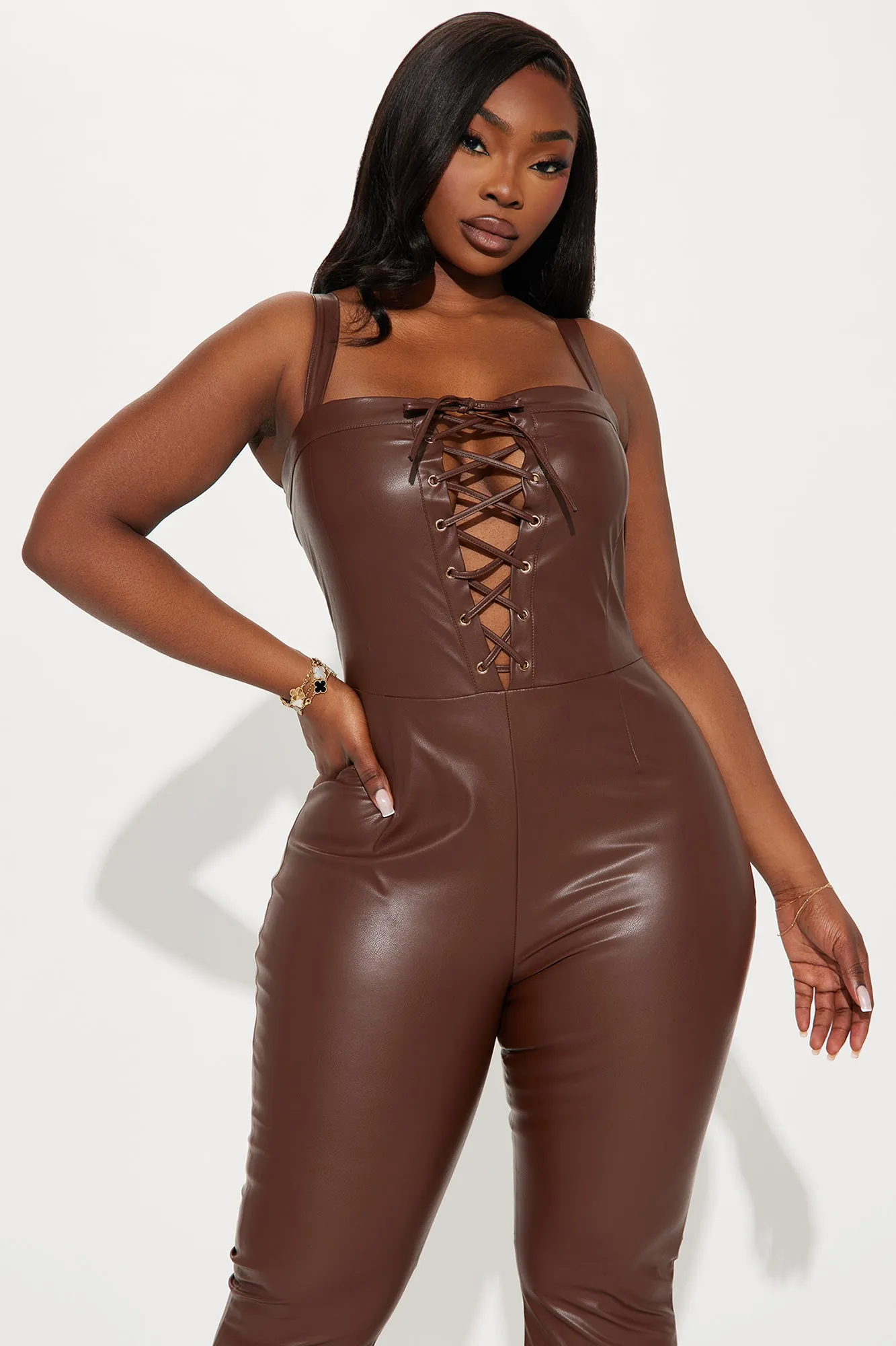 Ashlyn Faux Leather Jumpsuit - Brown