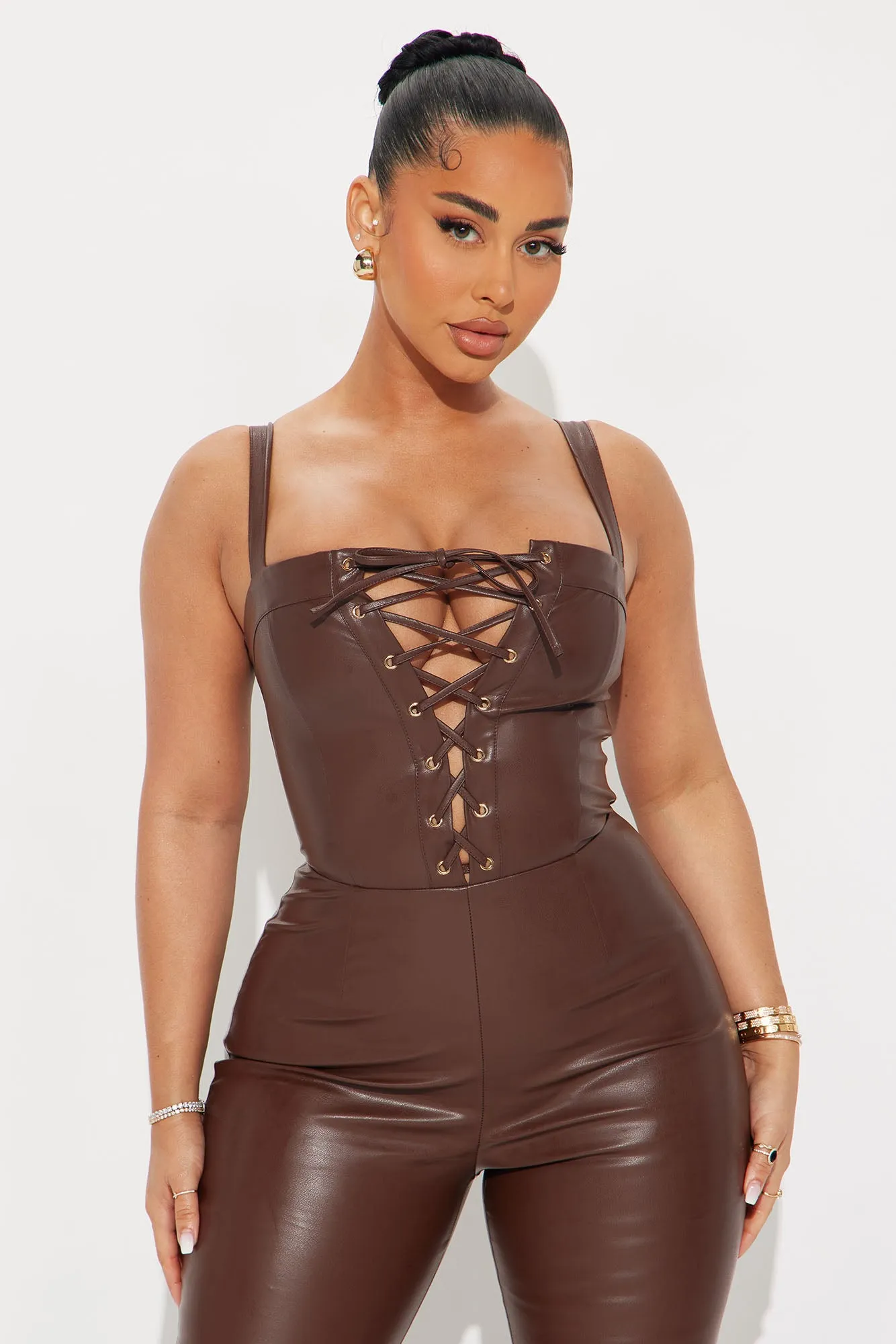 Ashlyn Faux Leather Jumpsuit - Brown