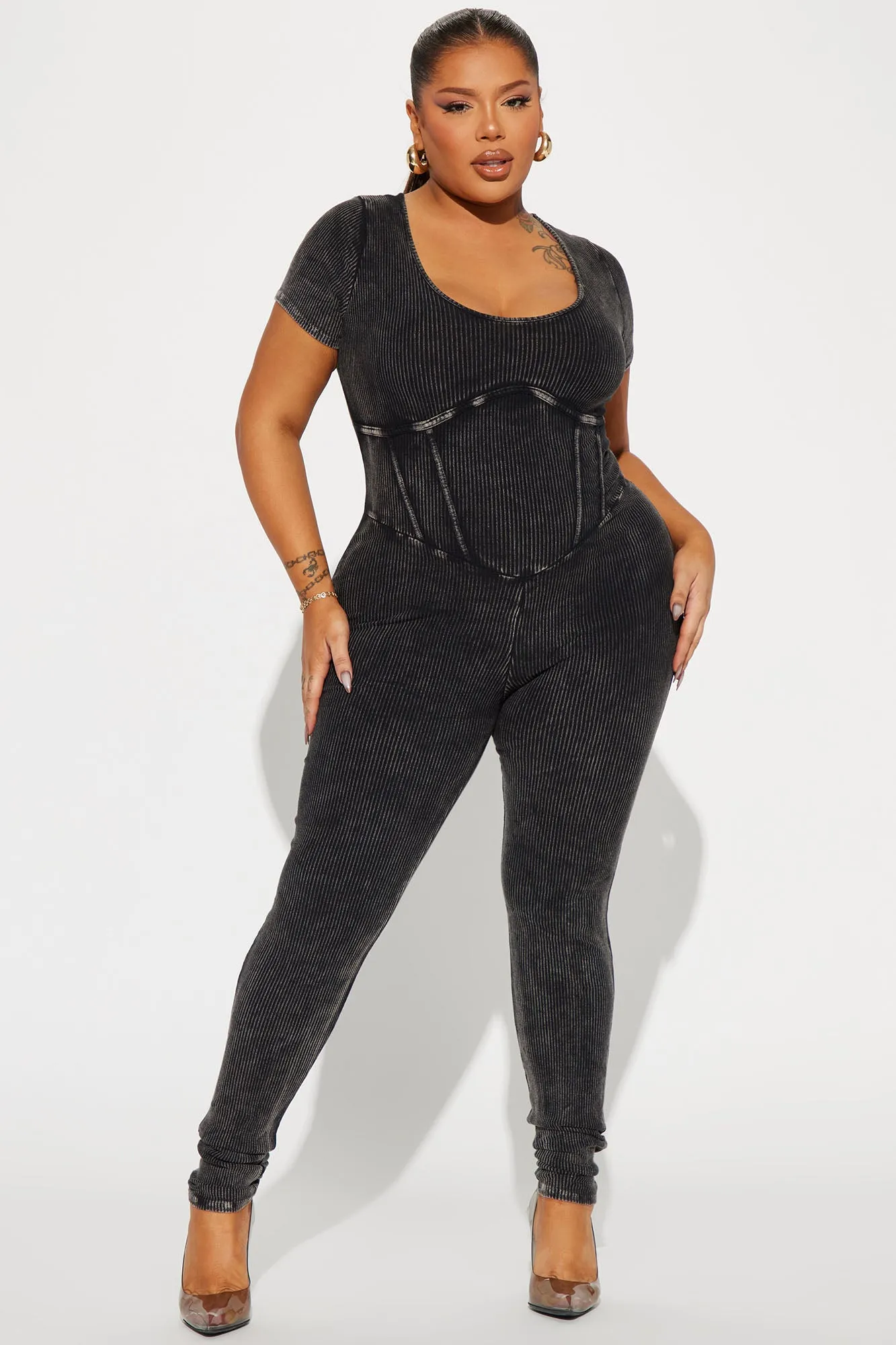 Aspen Short Sleeve Ribbed Jumpsuit - Black