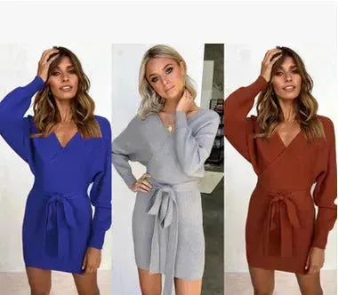 Autumn Winter Slim Fit V-neck Mini Wrap Sweater Dress