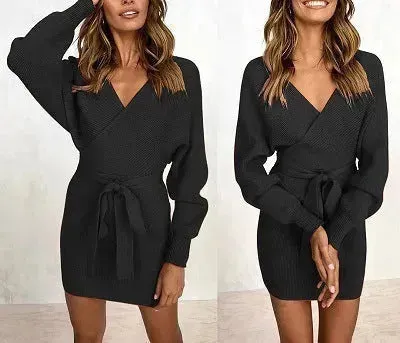 Autumn Winter Slim Fit V-neck Mini Wrap Sweater Dress