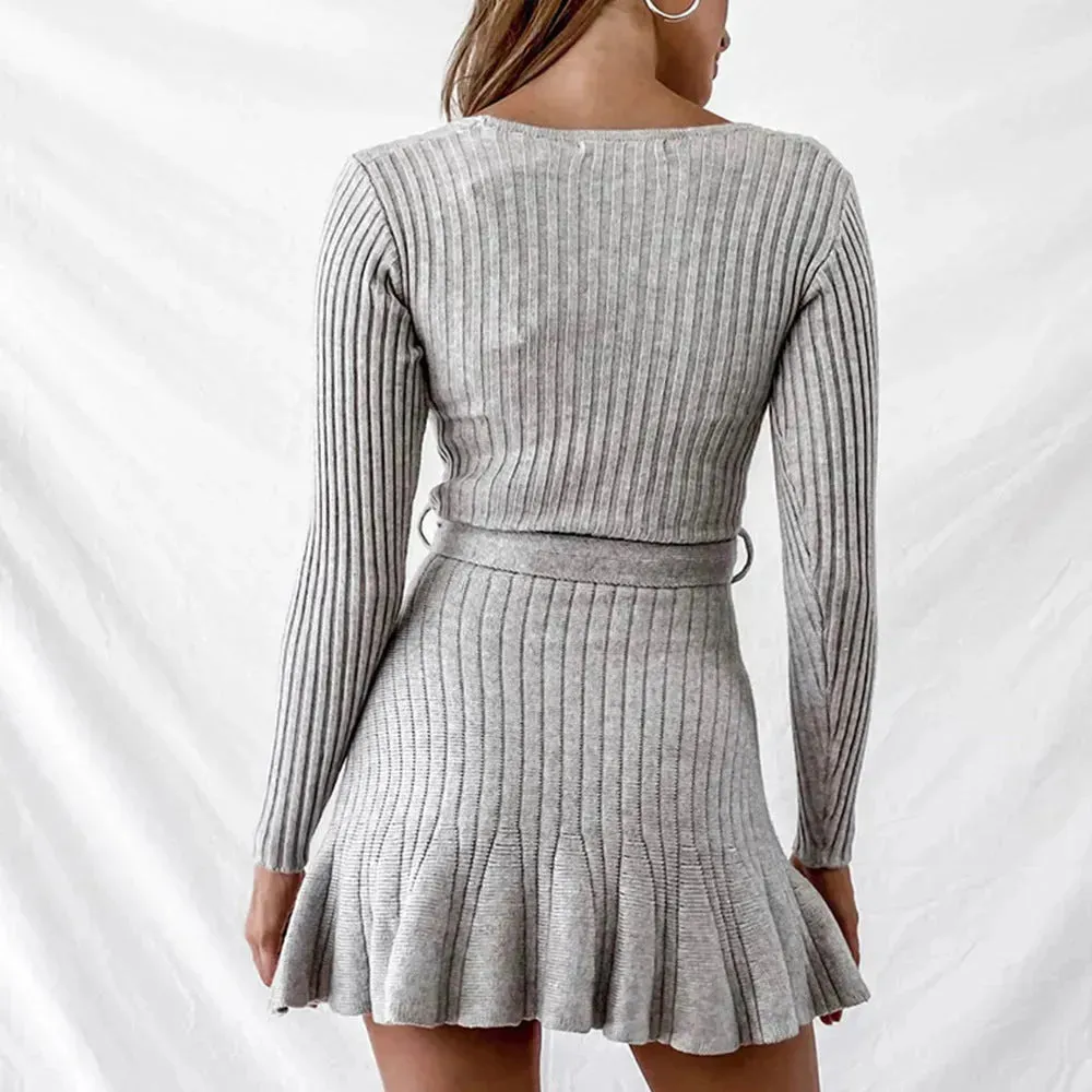 Autumn Winter V-neck Mini Flared Wrap sweater dress