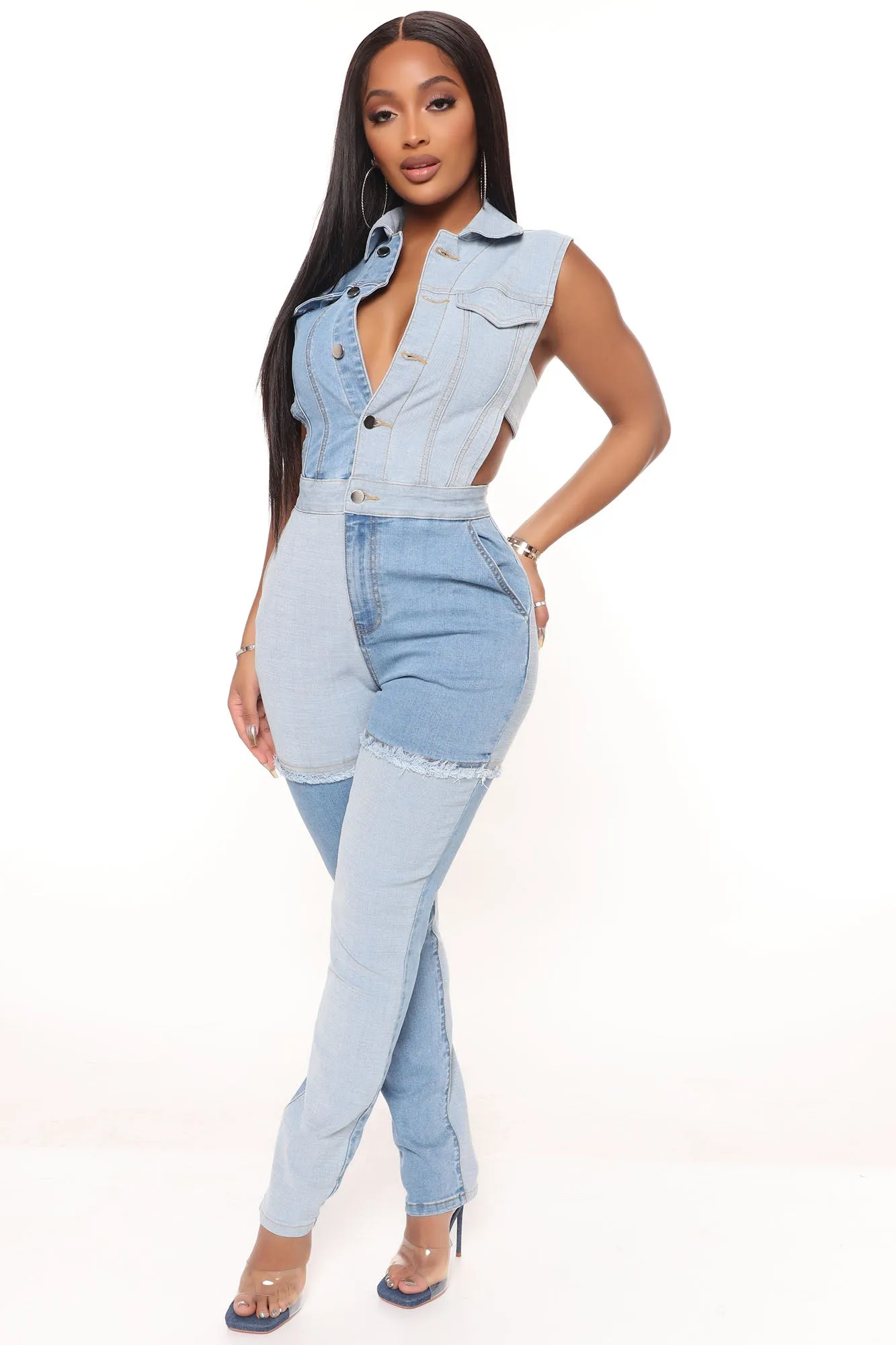 Back Together Patchwork Denim Jumpsuit - Denim