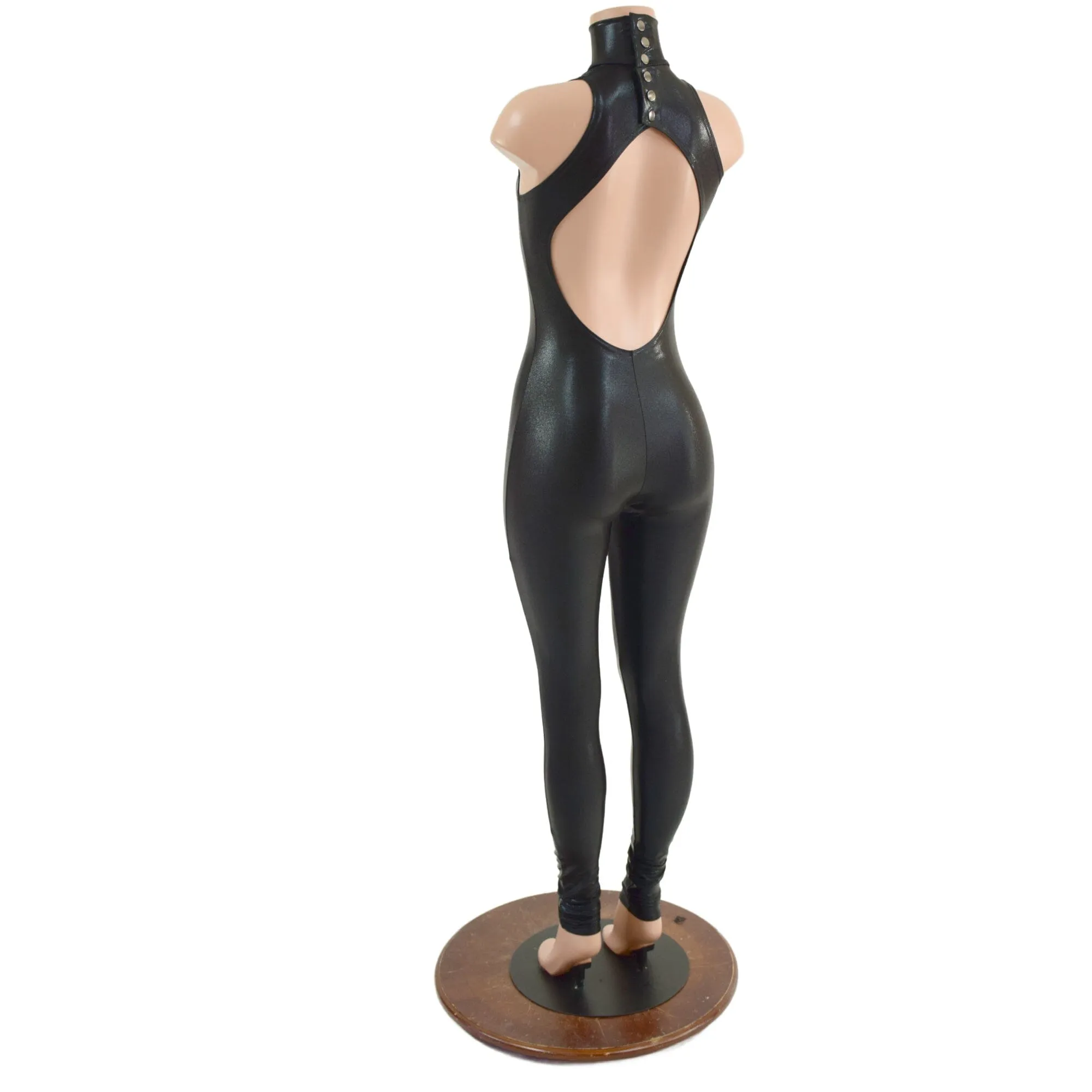 Backless Black Mystique Catsuit with Snap Back Turtleneck