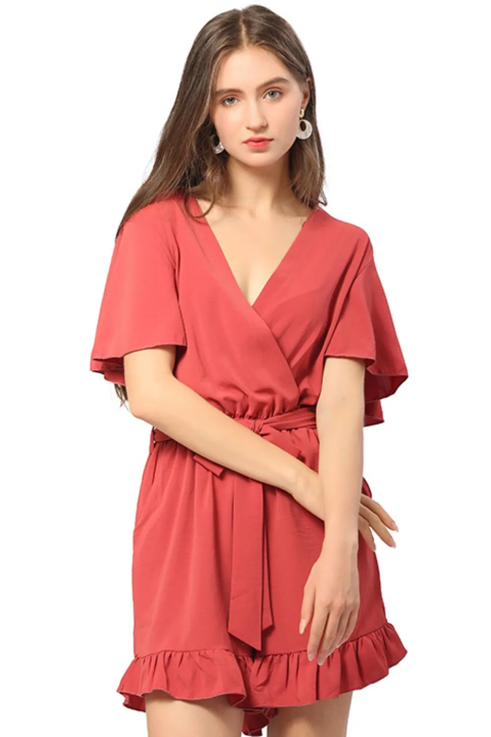 Belted Surplice Flutter Sleeve Romper