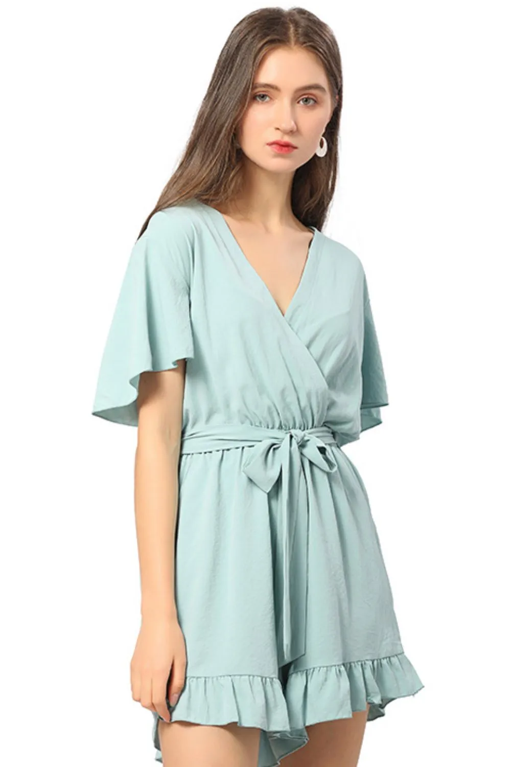 Belted Surplice Flutter Sleeve Romper