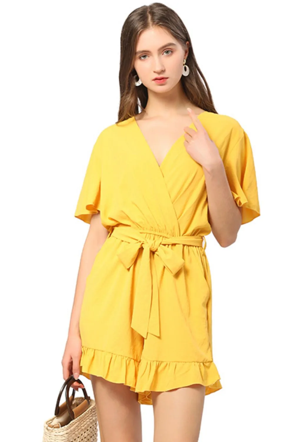 Belted Surplice Flutter Sleeve Romper