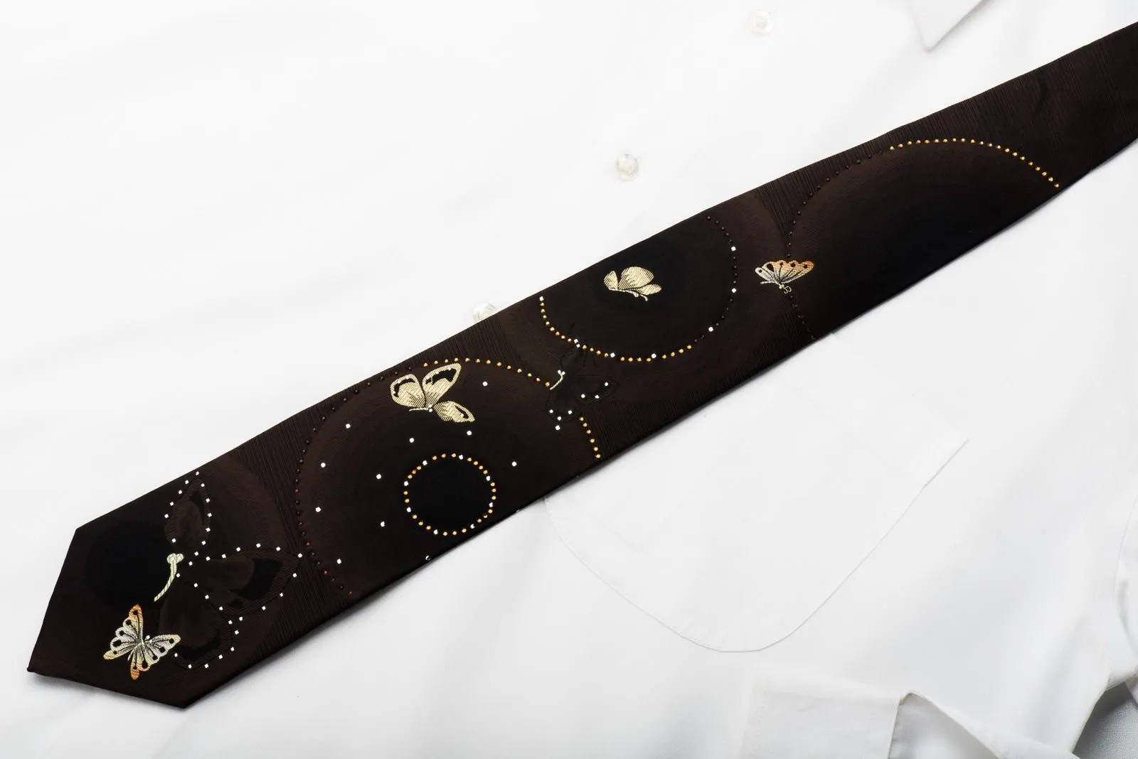 Beverly Hills Polo Club Rhinestone Necktie Gold Butterflies On Brown Silk With Silver Sparkles