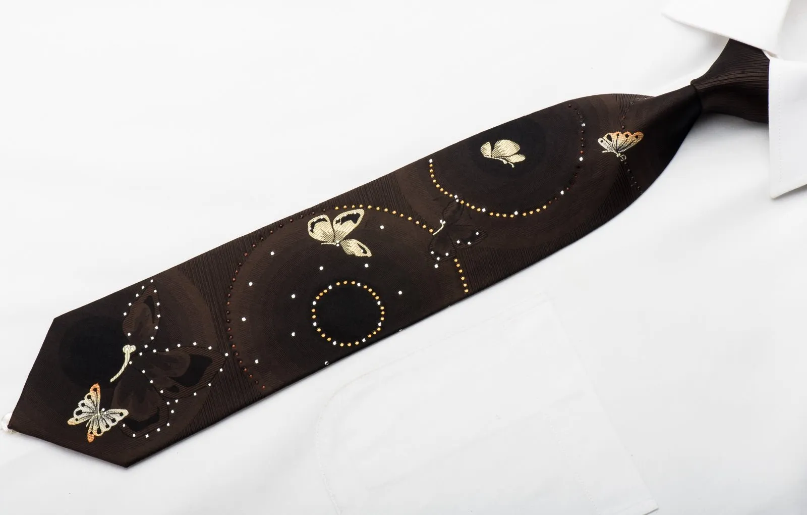 Beverly Hills Polo Club Rhinestone Necktie Gold Butterflies On Brown Silk With Silver Sparkles