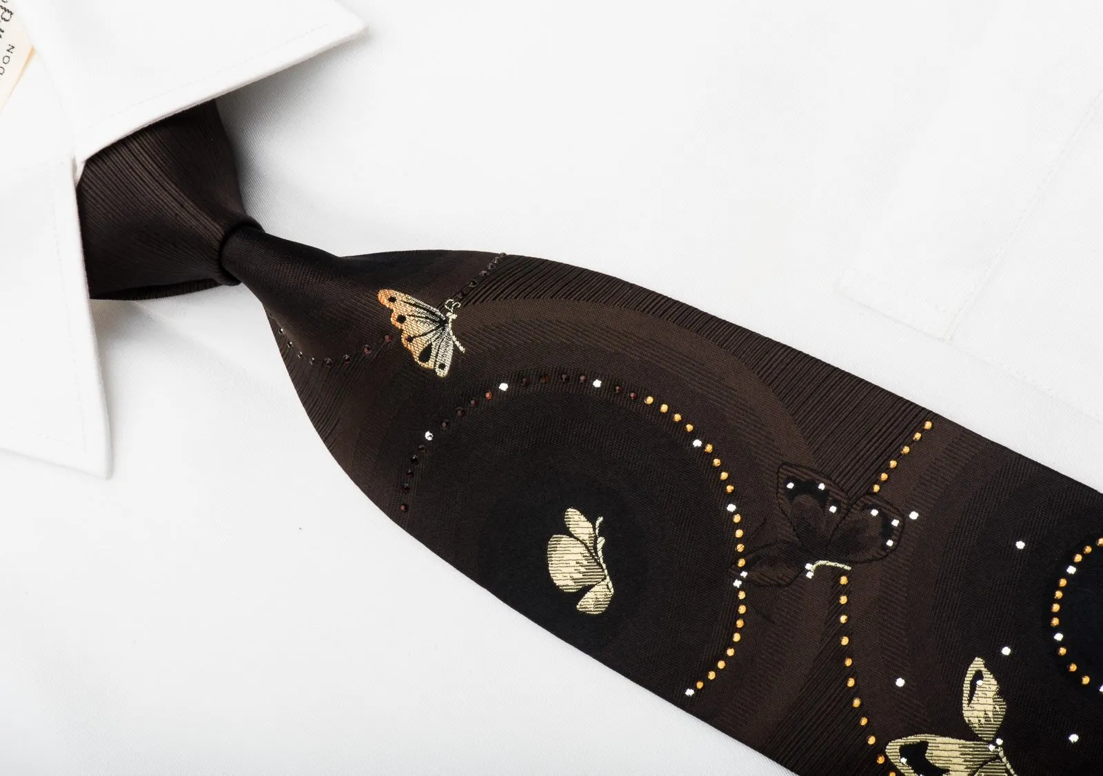 Beverly Hills Polo Club Rhinestone Necktie Gold Butterflies On Brown Silk With Silver Sparkles